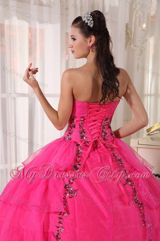 Hot Pink Sweetheart Organza Paillette Puffy Quinceanera Dress