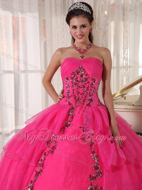 Hot Pink Sweetheart Organza Paillette Puffy Quinceanera Dress