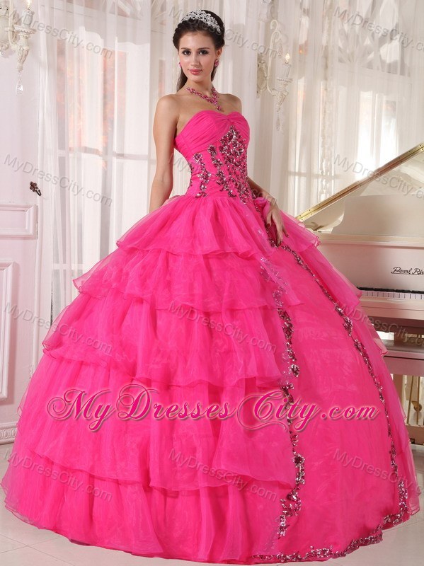 Hot Pink Sweetheart Organza Paillette Puffy Quinceanera Dress