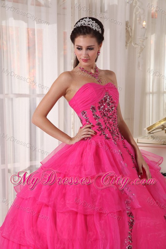 Hot Pink Sweetheart Organza Paillette Puffy Quinceanera Dress