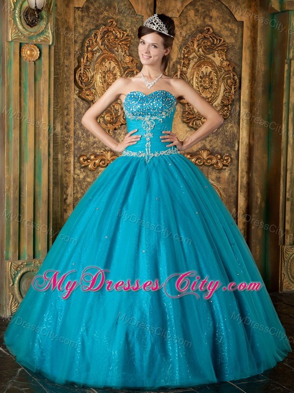 A-Line Teal Sweetheart Beading Tulle Quinceanera Dress