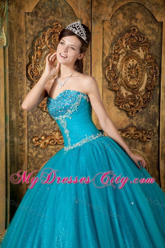 A-Line Teal Sweetheart Beading Tulle Quinceanera Dress