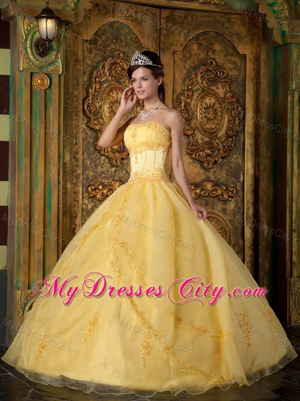 Strapless Yellow Fitted Appliques Organza Quinceanera Dress