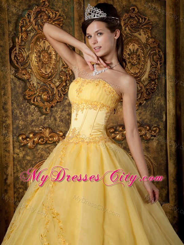 Strapless Yellow Fitted Appliques Organza Quinceanera Dress