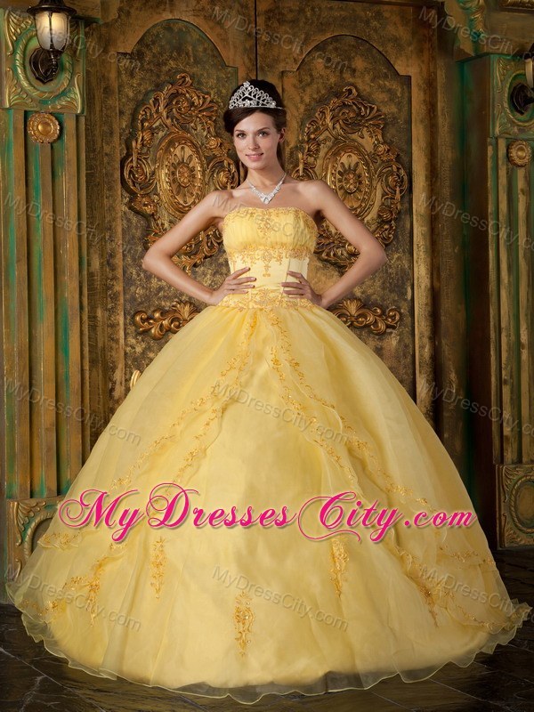 Strapless Yellow Fitted Appliques Organza Quinceanera Dress