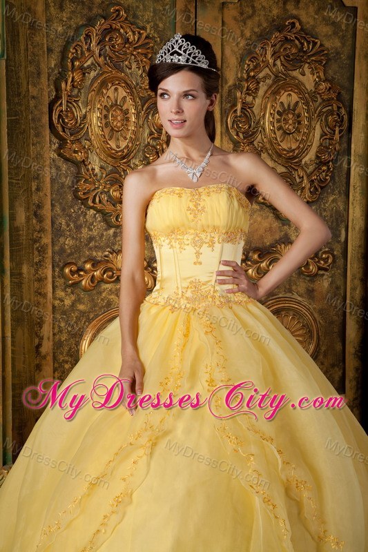 Strapless Yellow Fitted Appliques Organza Quinceanera Dress