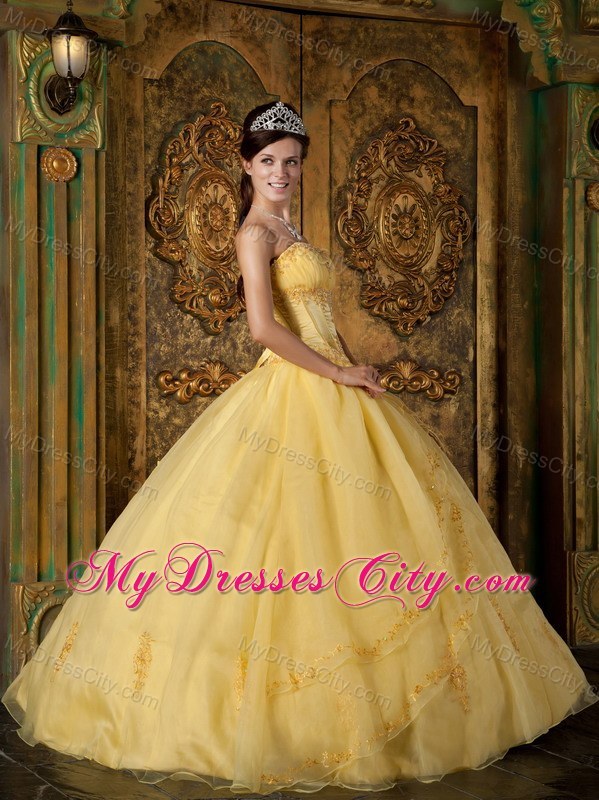 Strapless Yellow Fitted Appliques Organza Quinceanera Dress