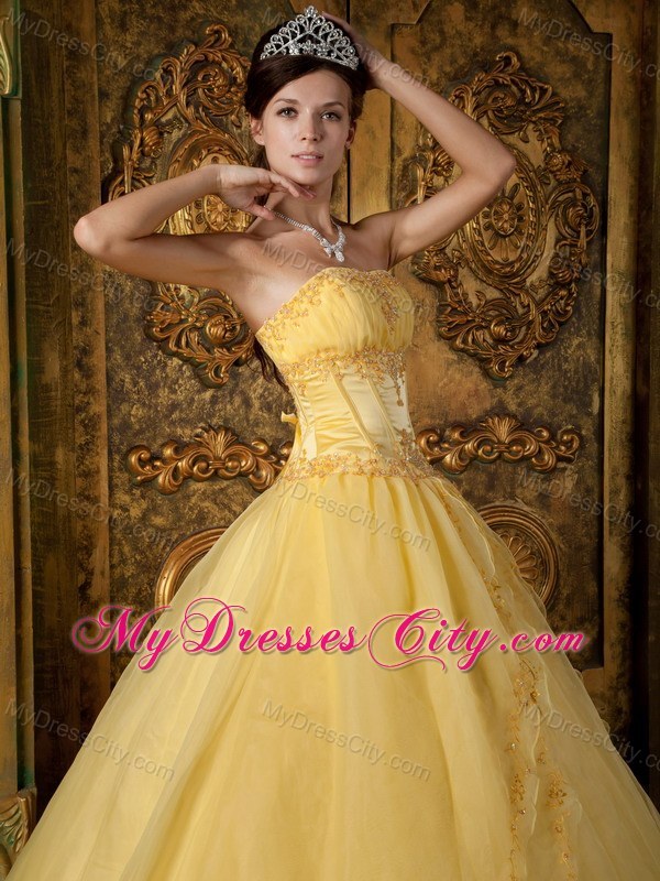 Strapless Yellow Fitted Appliques Organza Quinceanera Dress