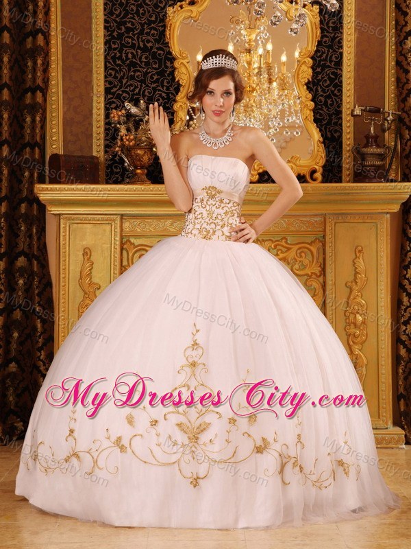 White Satin and Organza Quinceanera Dress with Gold Appliques