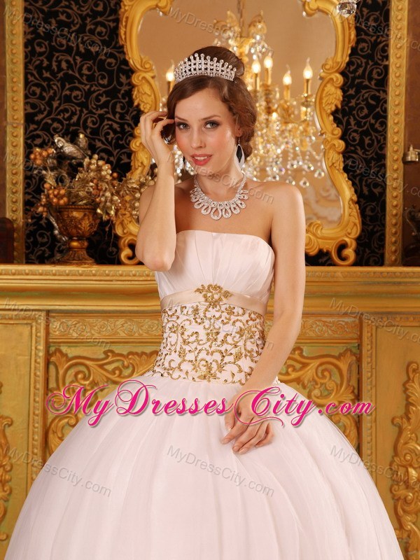 White Satin and Organza Quinceanera Dress with Gold Appliques