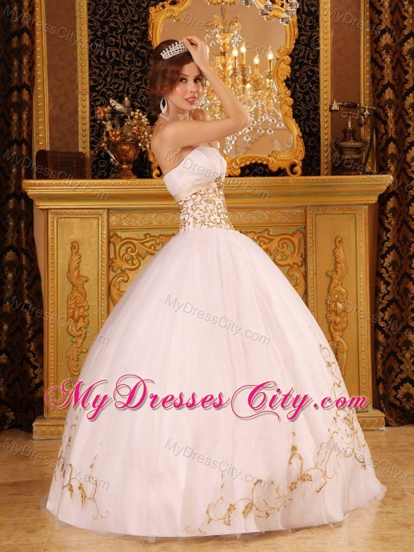 White Satin and Organza Quinceanera Dress with Gold Appliques