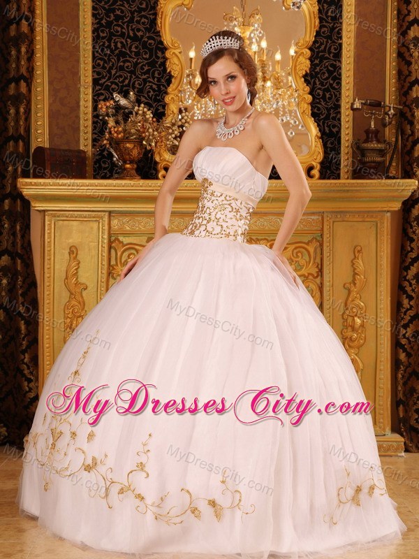 White Satin and Organza Quinceanera Dress with Gold Appliques