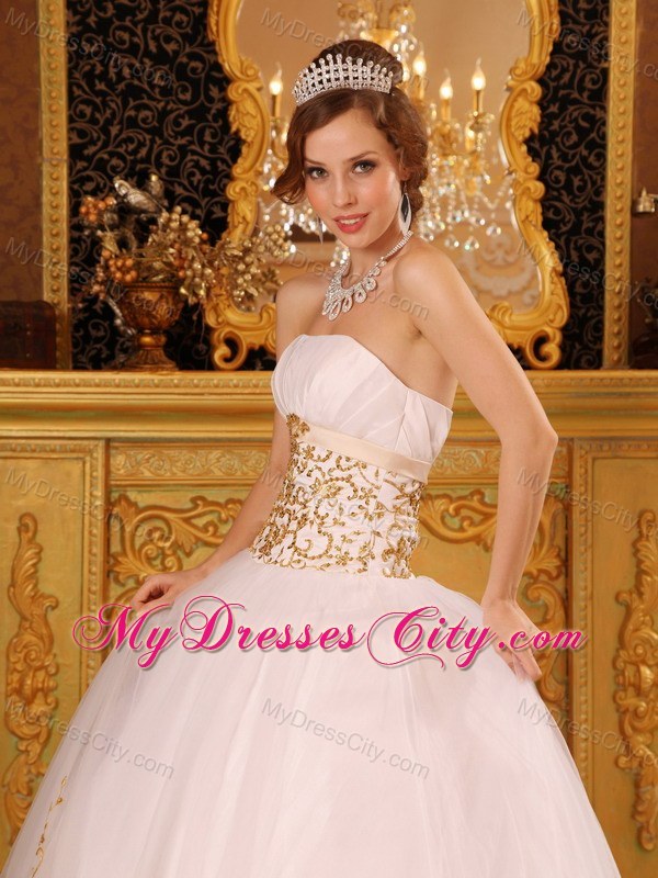 White Satin and Organza Quinceanera Dress with Gold Appliques