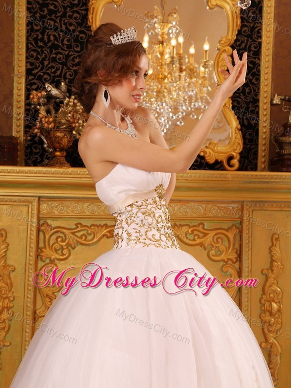 White Satin and Organza Quinceanera Dress with Gold Appliques