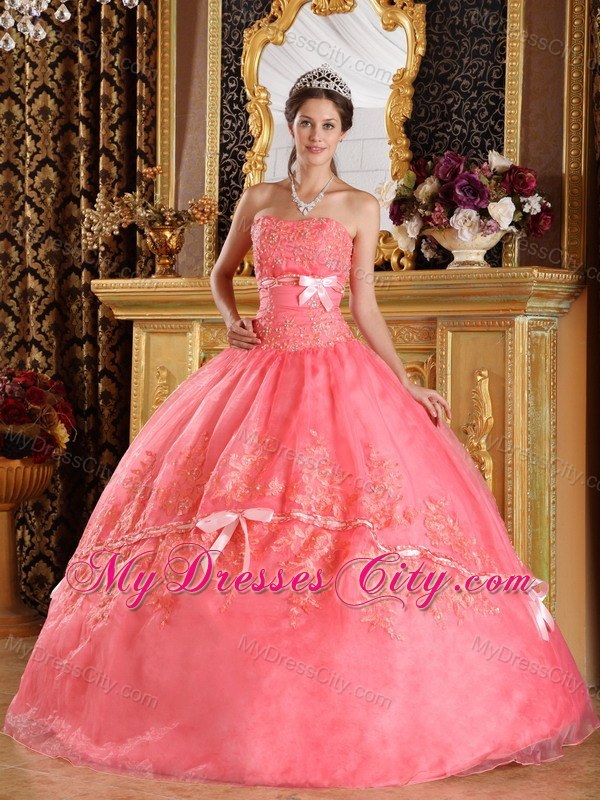 Watermelon Red Strapless Quinceanera Dress with Appliques