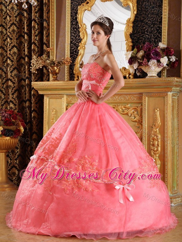 Watermelon Red Strapless Quinceanera Dress with Appliques