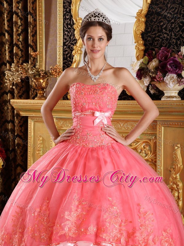 Watermelon Red Strapless Quinceanera Dress with Appliques