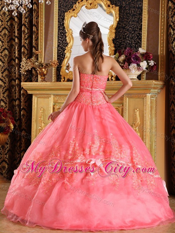 Watermelon Red Strapless Quinceanera Dress with Appliques