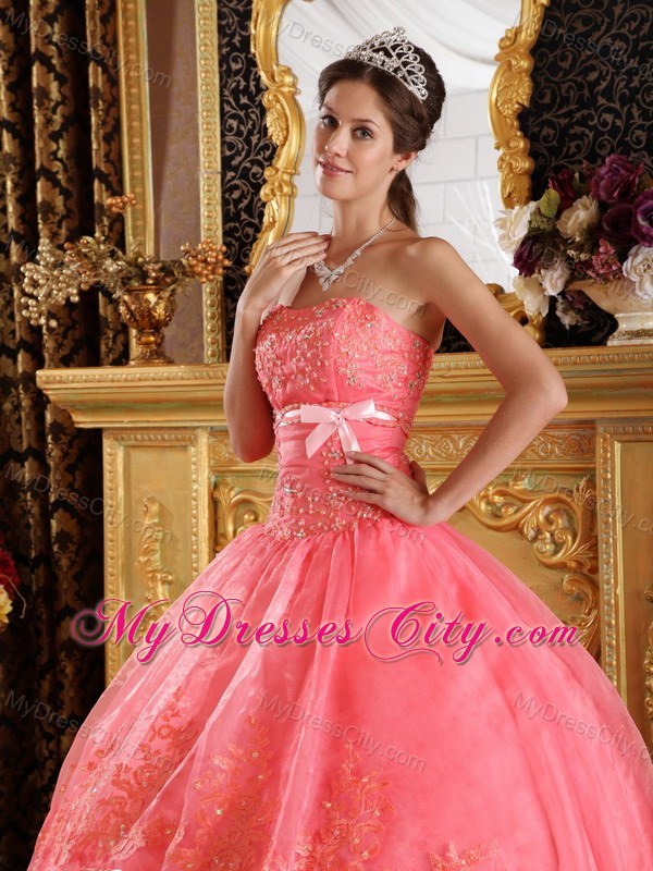 Watermelon Red Strapless Quinceanera Dress with Appliques