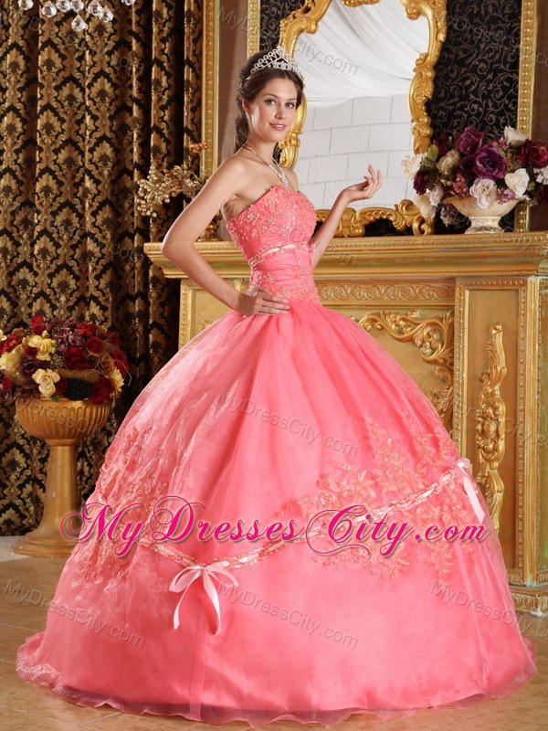 Watermelon Red Strapless Quinceanera Dress with Appliques