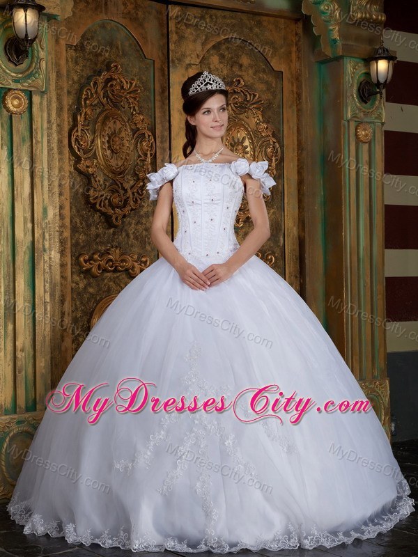 Flower Off The Shoulder Organza White Quinceanera Dress