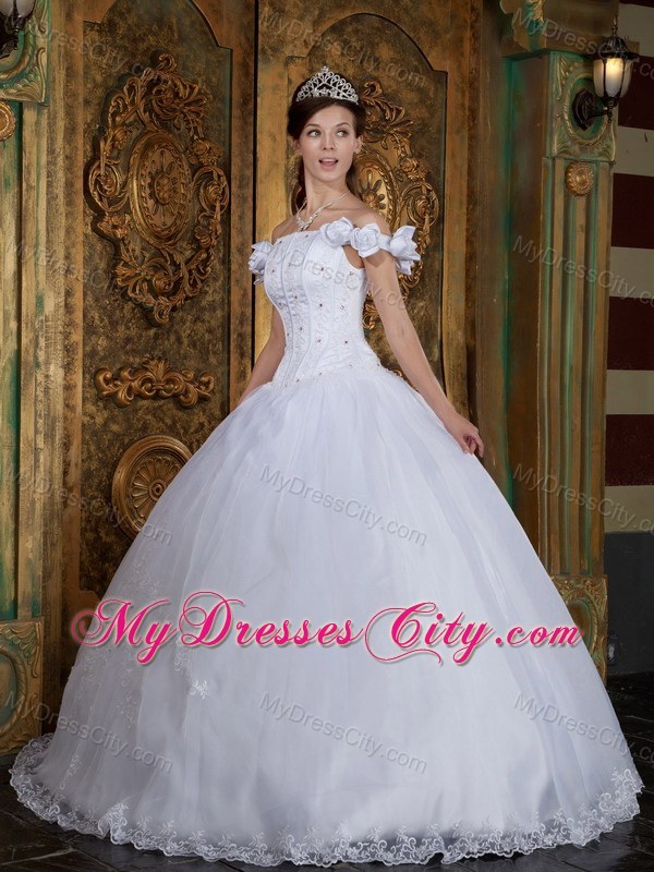 Flower Off The Shoulder Organza White Quinceanera Dress