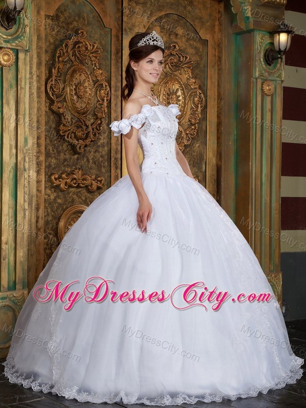 Flower Off The Shoulder Organza White Quinceanera Dress