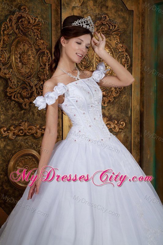 Flower Off The Shoulder Organza White Quinceanera Dress