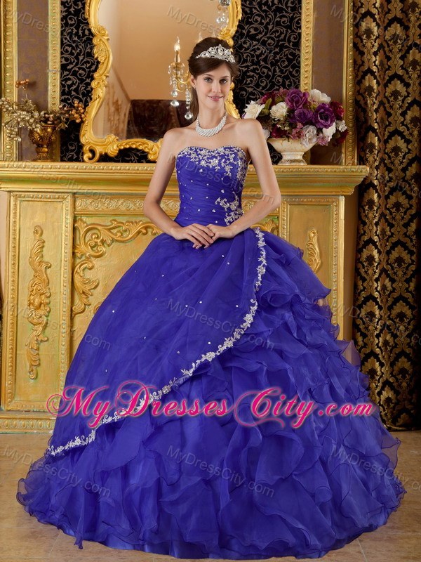 Organza Appliques Cascading Ruffles Blue Quinceanera Gowns