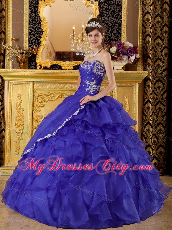 Organza Appliques Cascading Ruffles Blue Quinceanera Gowns