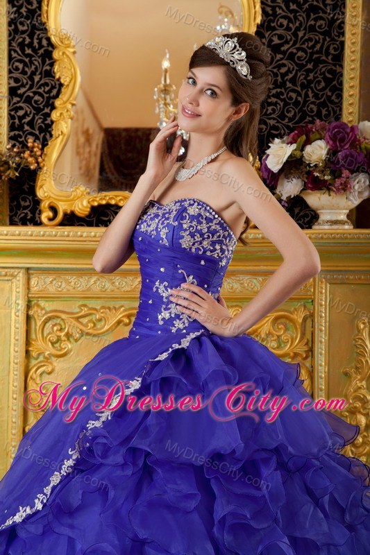 Organza Appliques Cascading Ruffles Blue Quinceanera Gowns