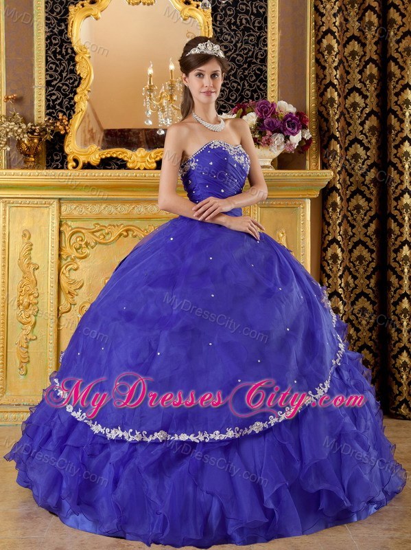 Organza Appliques Cascading Ruffles Blue Quinceanera Gowns