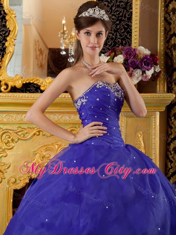 Organza Appliques Cascading Ruffles Blue Quinceanera Gowns