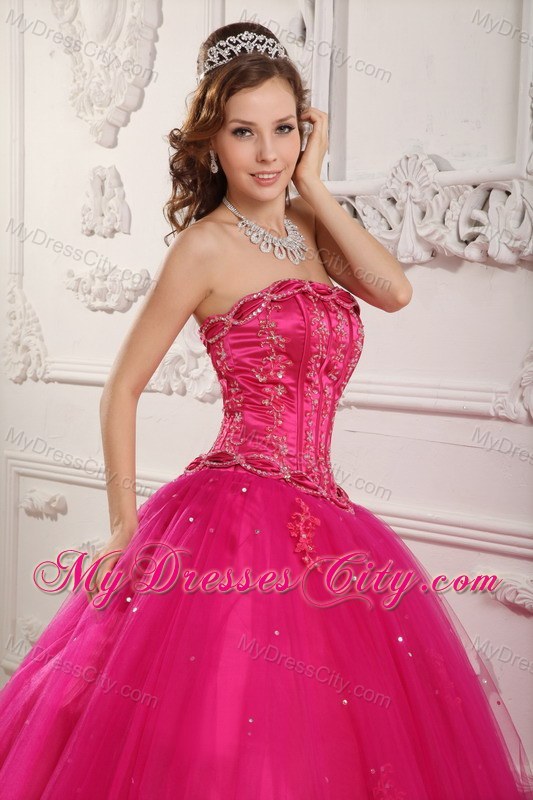 Elegant Beading Tulle Quinceanera Dress in Hot Pink