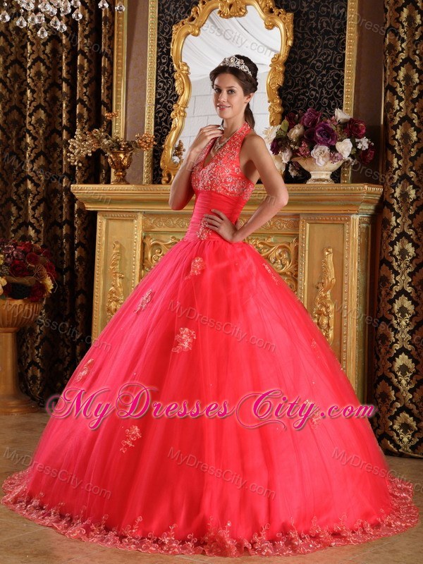 Coral Red Halter Lace Appliques Tulle Quinceanera Gown