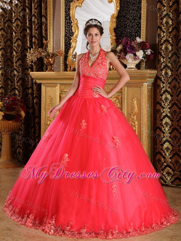 Coral Red Halter Lace Appliques Tulle Quinceanera Gown