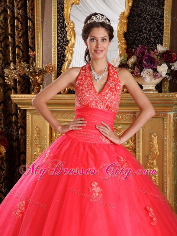 Coral Red Halter Lace Appliques Tulle Quinceanera Gown