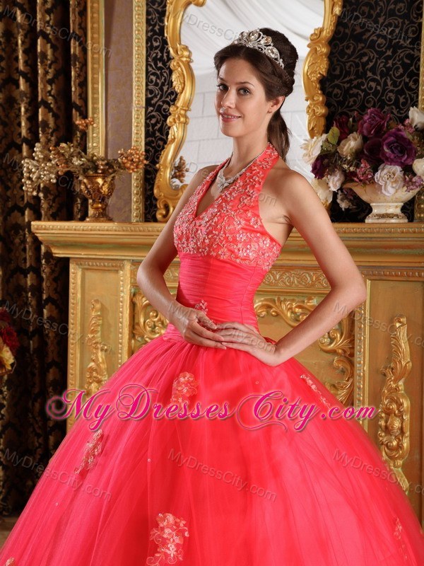 Coral Red Halter Lace Appliques Tulle Quinceanera Gown