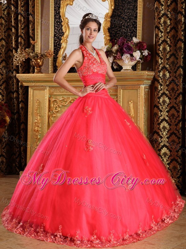 Coral Red Halter Lace Appliques Tulle Quinceanera Gown