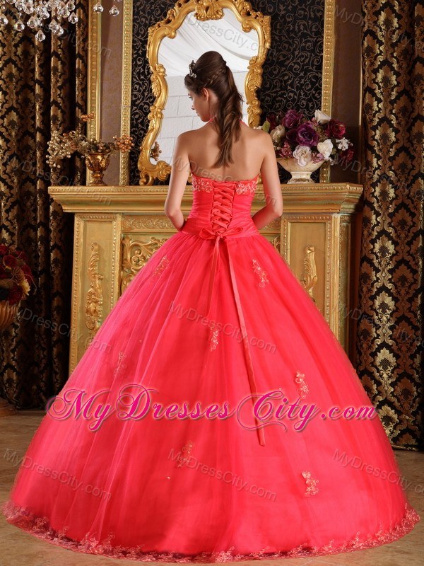 Coral Red Halter Lace Appliques Tulle Quinceanera Gown