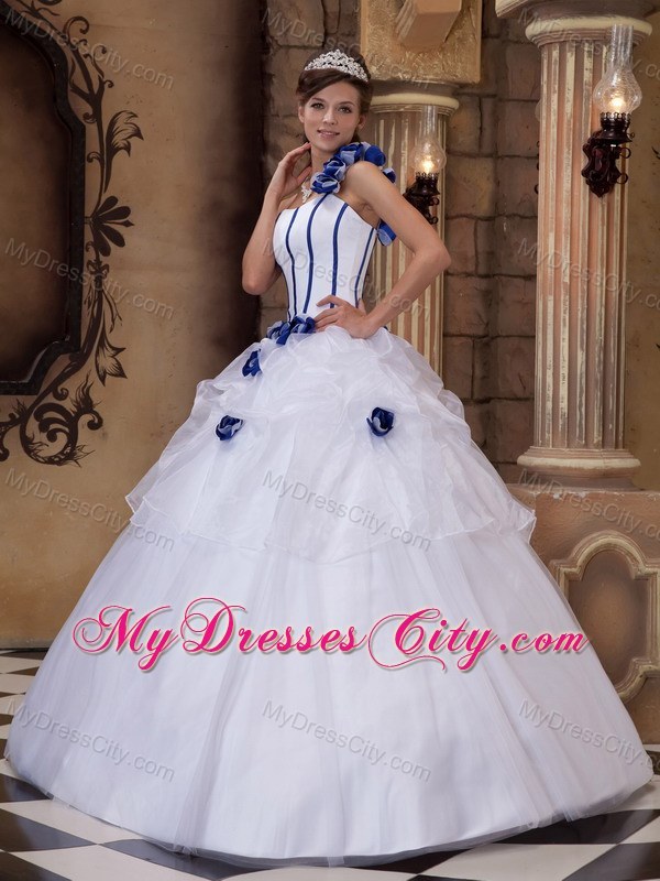 White Flower One Shoulder Satin and Tulle Quinceanera Dress