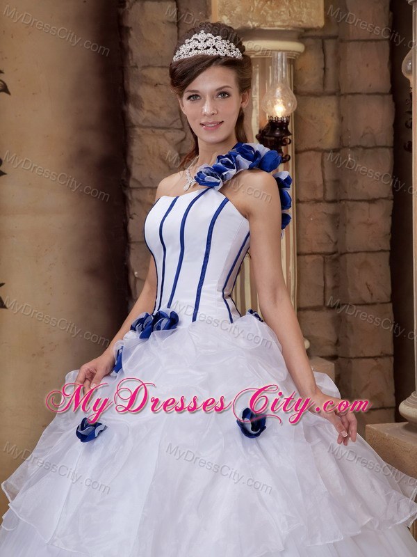 White Flower One Shoulder Satin and Tulle Quinceanera Dress