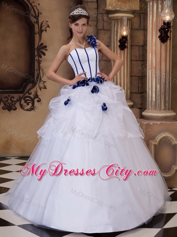 White Flower One Shoulder Satin and Tulle Quinceanera Dress