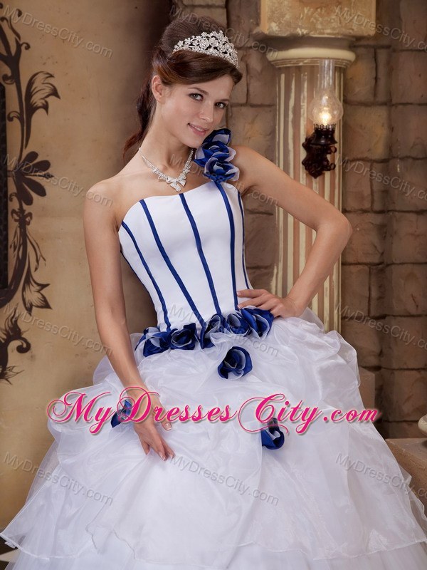 White Flower One Shoulder Satin and Tulle Quinceanera Dress