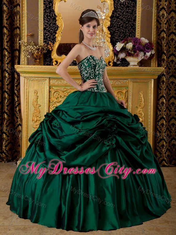 Dark Green Corset Taffeta Embroidery Dress for Sweet 15