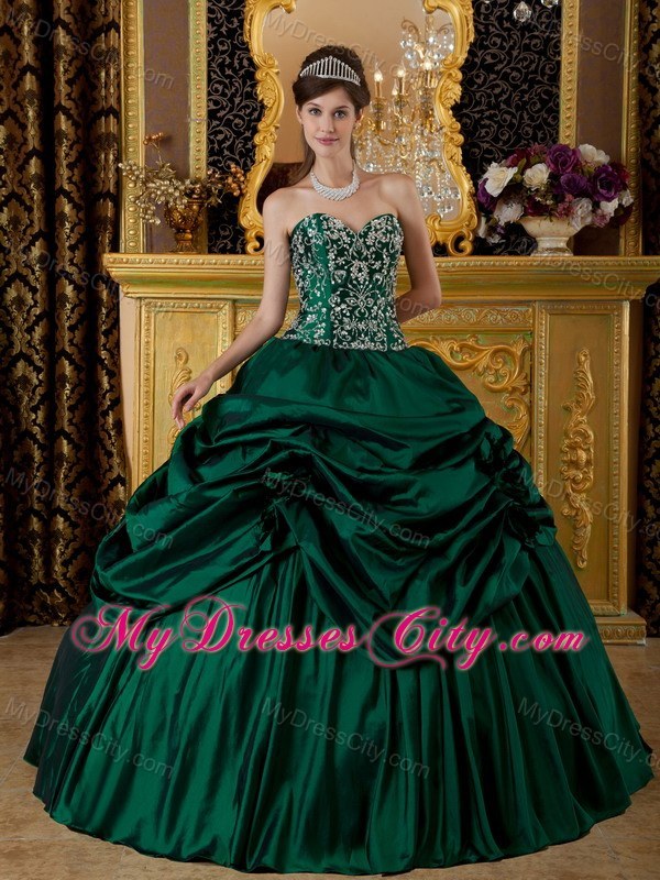 Dark Green Corset Taffeta Embroidery Dress for Sweet 15