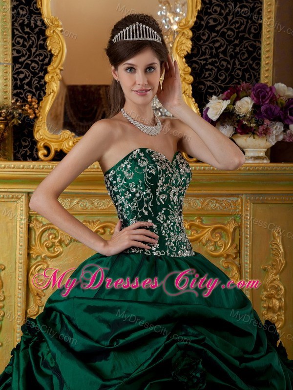 Dark Green Corset Taffeta Embroidery Dress for Sweet 15