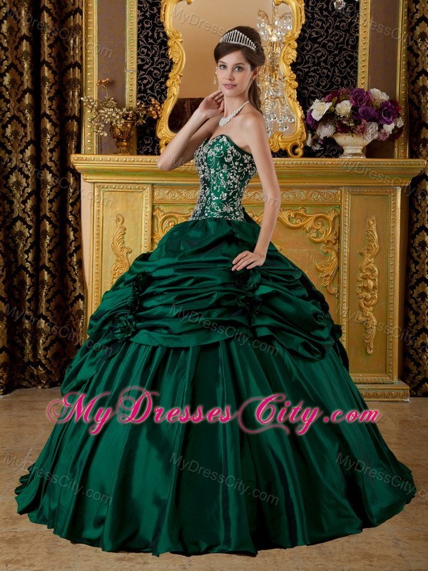 Dark Green Corset Taffeta Embroidery Dress for Sweet 15