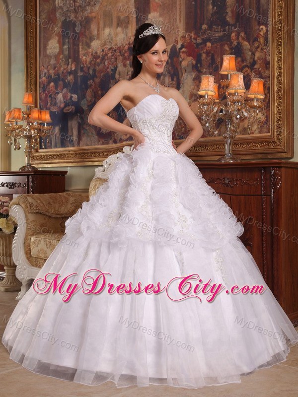 White Sweetheart Organza Ruffled Quinceanera Dress