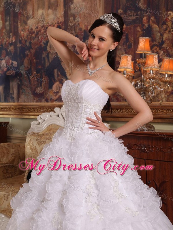 White Sweetheart Organza Ruffled Quinceanera Dress